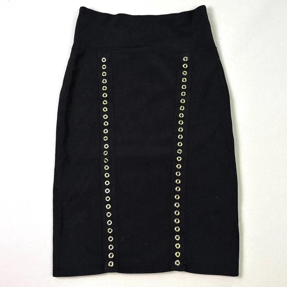 Rock & Republic Black Grommet Bandage Pencil Skirt Gold Eyelet XS High Waist